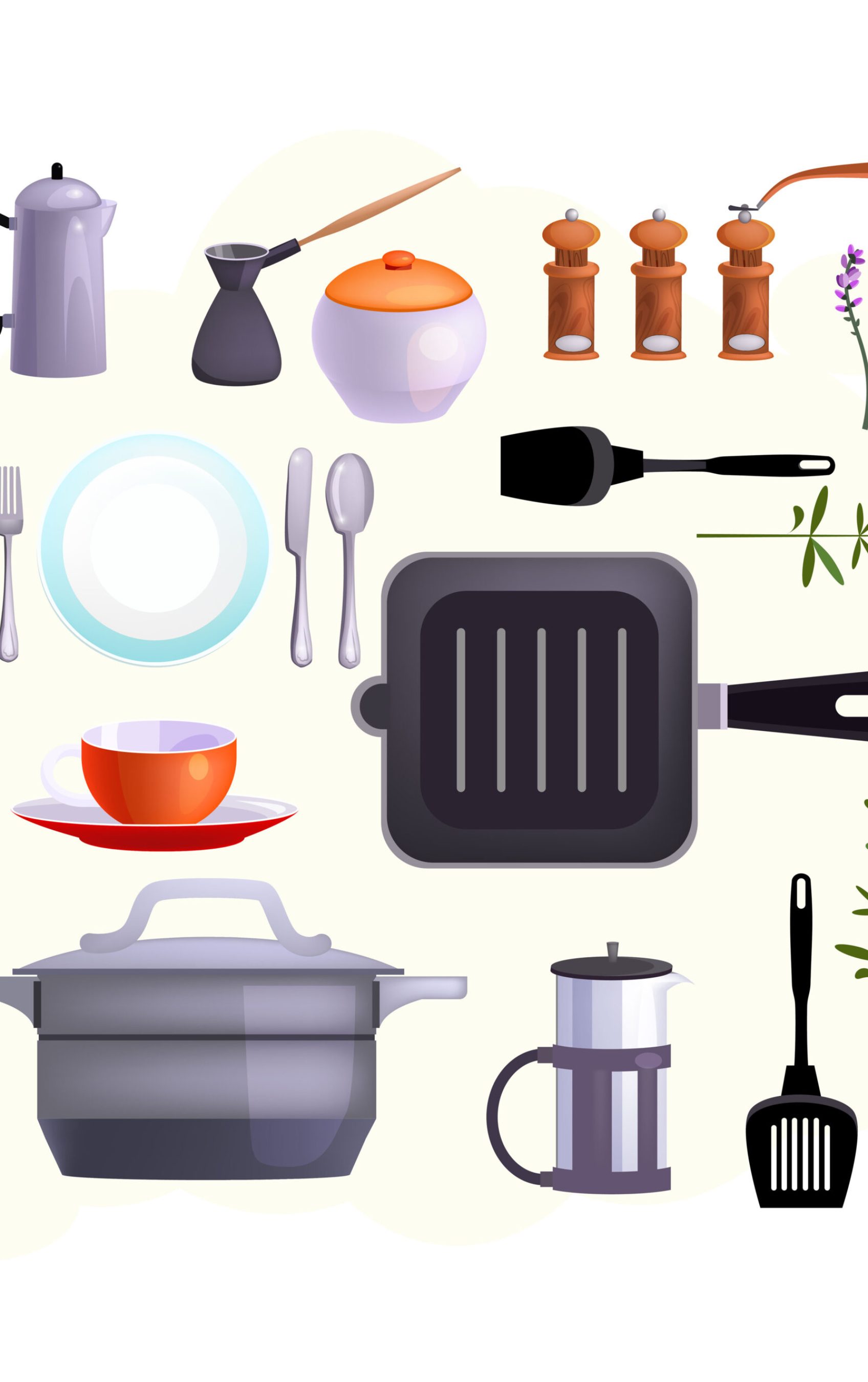 Kitchen equipment icons. Set of line icons. Cutlery, cup, French press. Cooking concept. Illustrations can be used for topics like kitchen, cooking, eating
